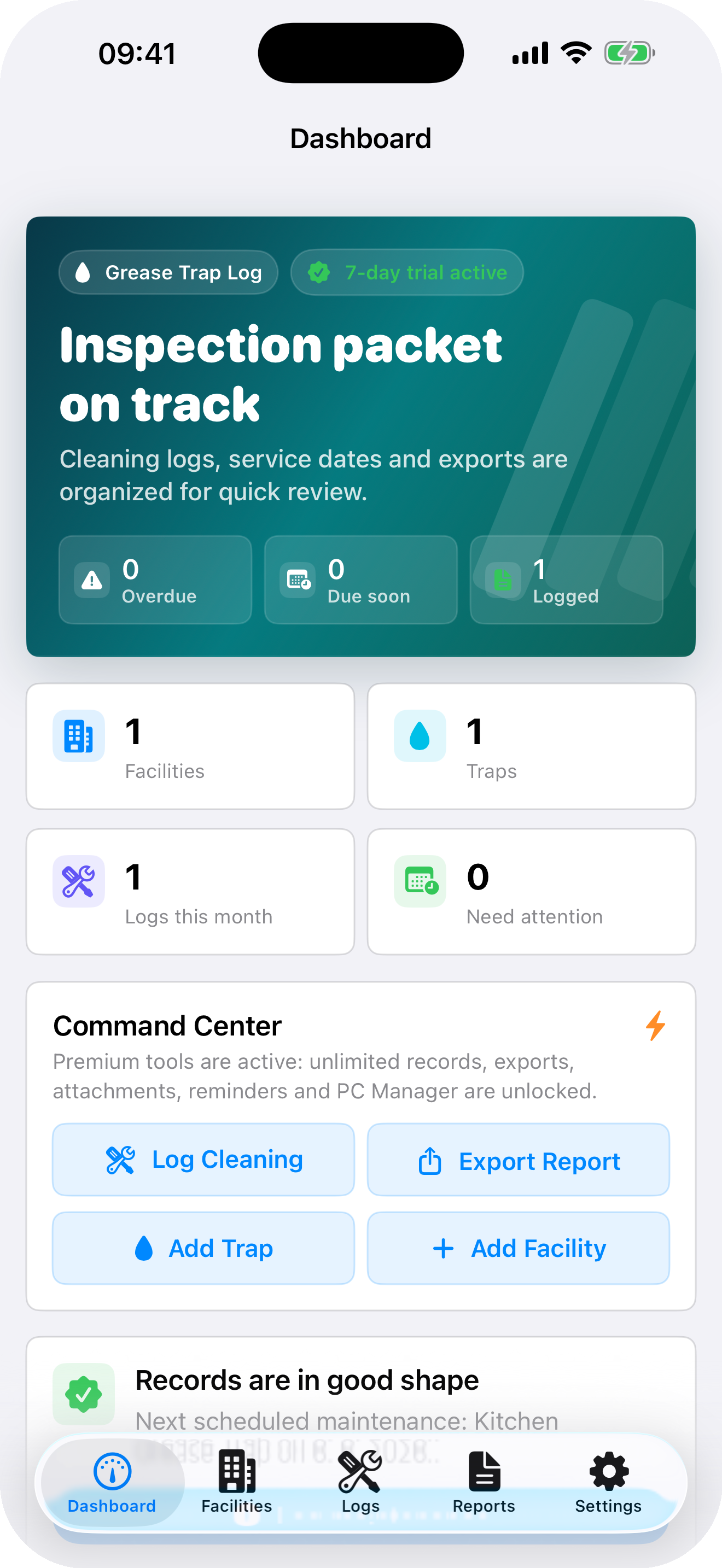 Dashboard screenshot from Grease Trap Log: Maintenance