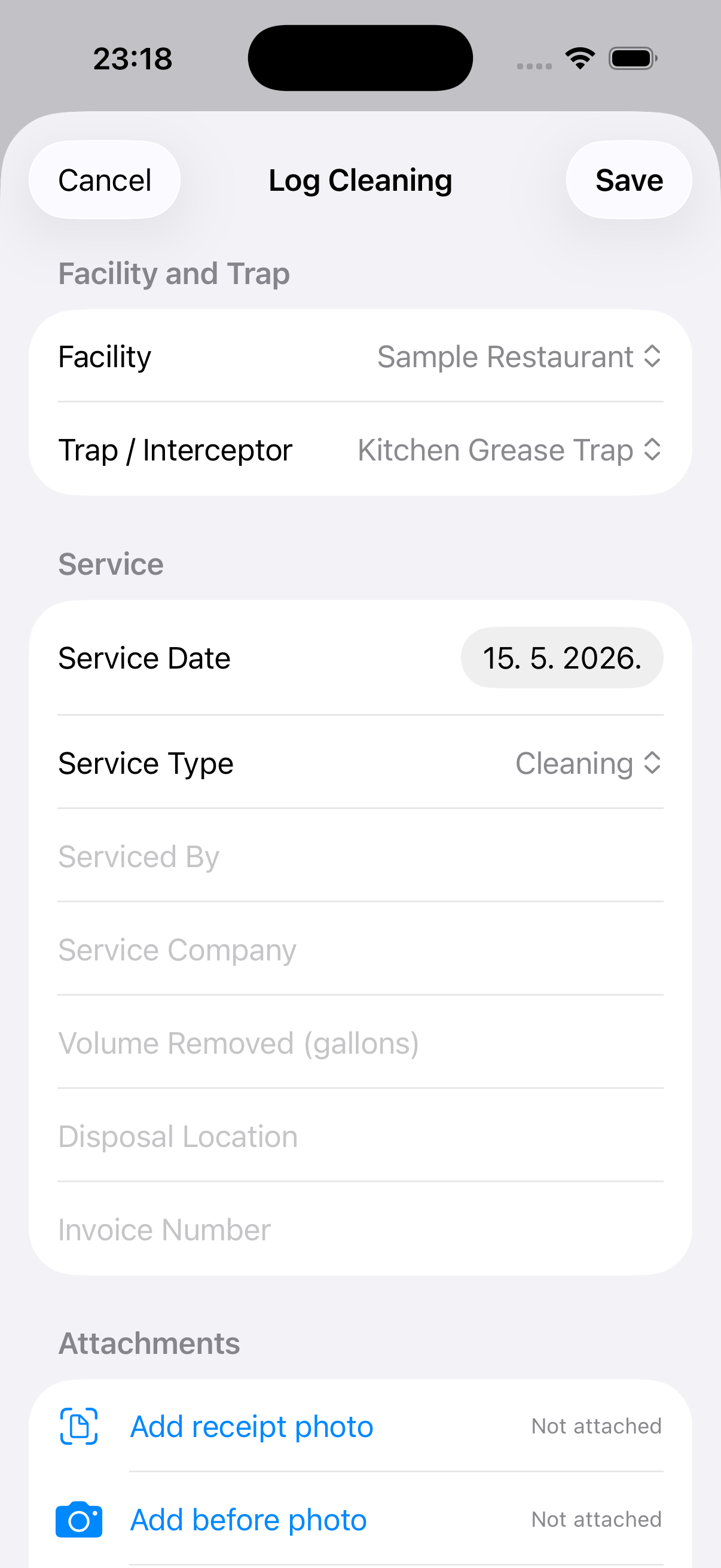 Grease Trap Log cleaning form screenshot